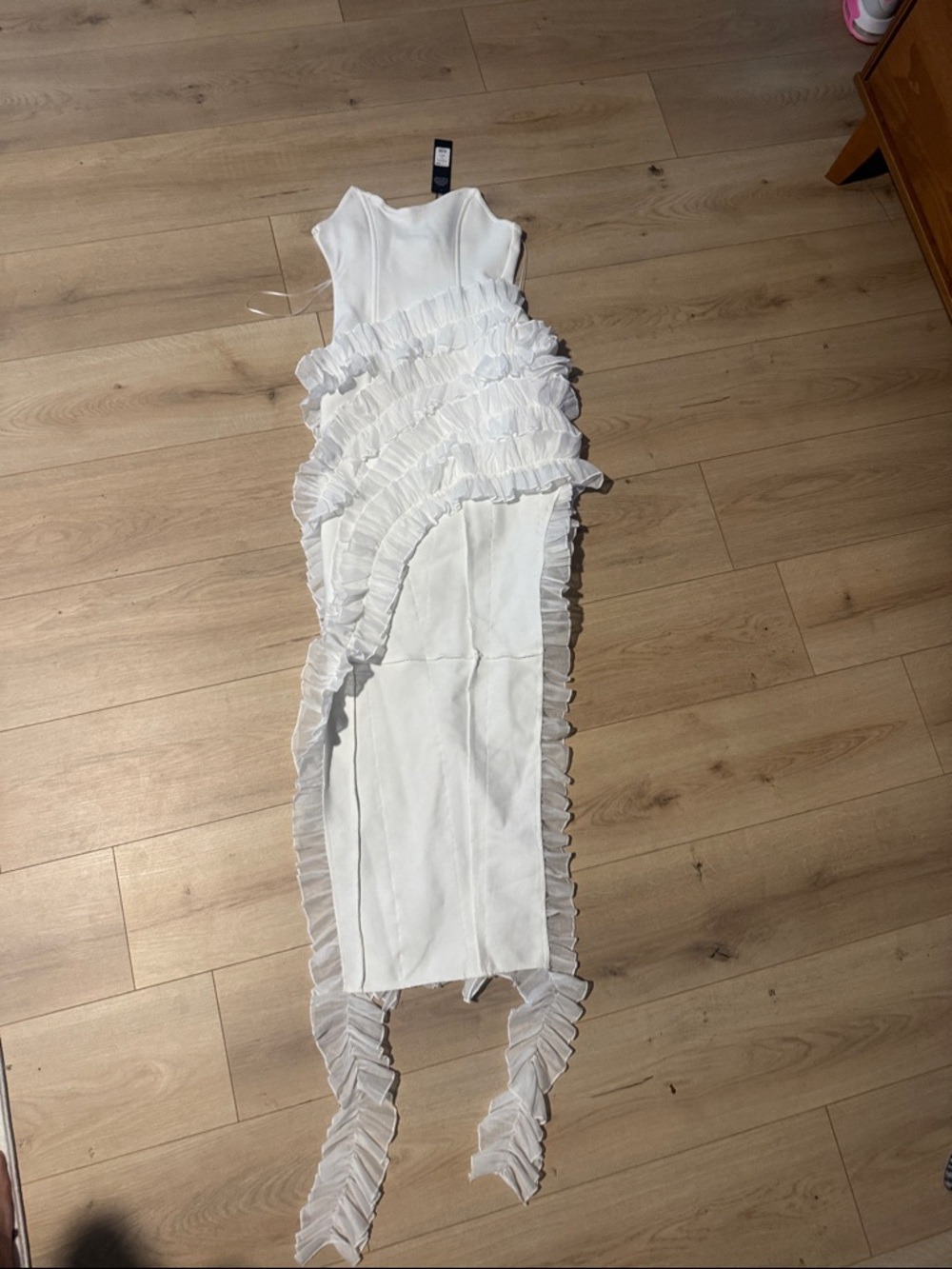 Fashion Nova White Strapless Ruffle Midi Dress